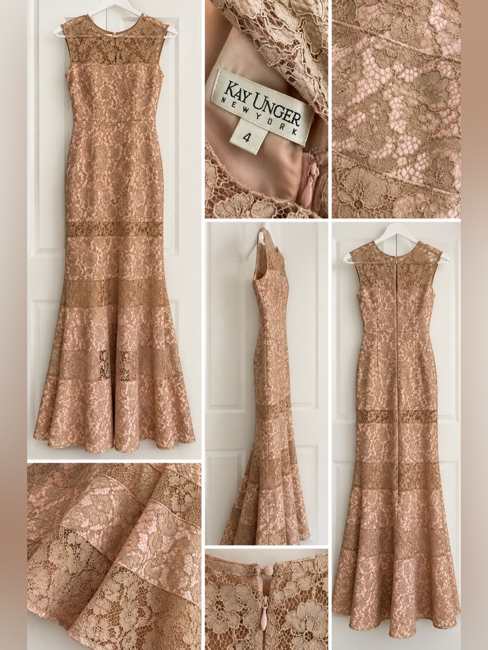 Kay Unger Rose Gold Lace Mermaid Maxi Dress
